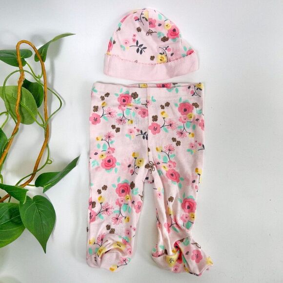 Gerber Newborn Baby Girl Pink Floral Girly Footed Pants & Matching Hat Set - Picture 1 of 5